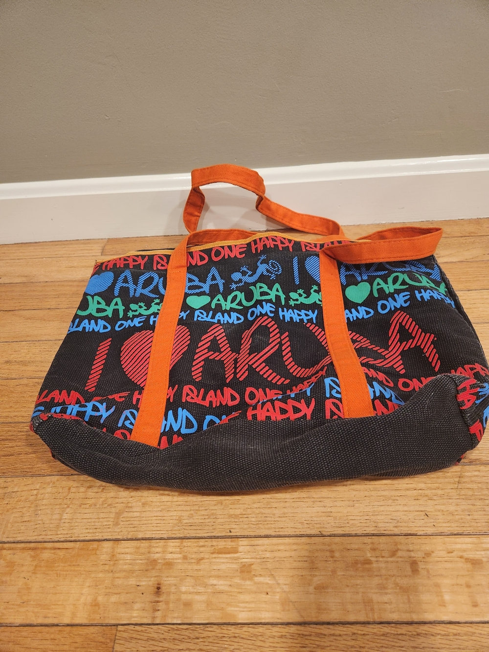Aruba Graphic Beach Tote with Orange Straps